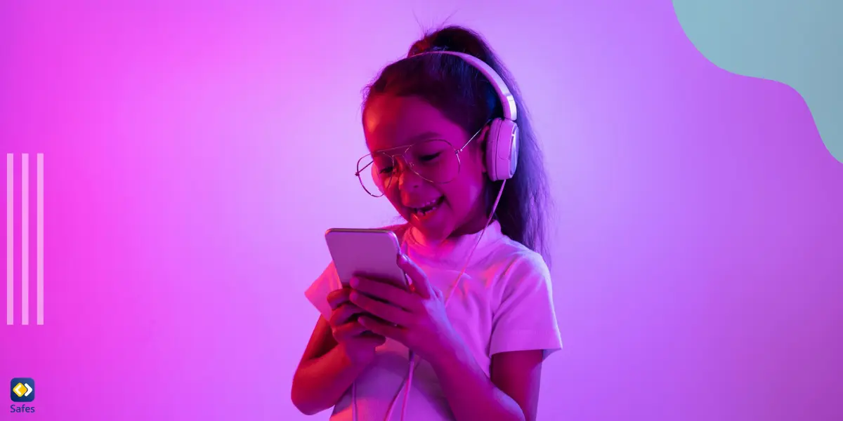 a young girl is holding her phone and enjoying watching a video on TikTok with headphones on her ears