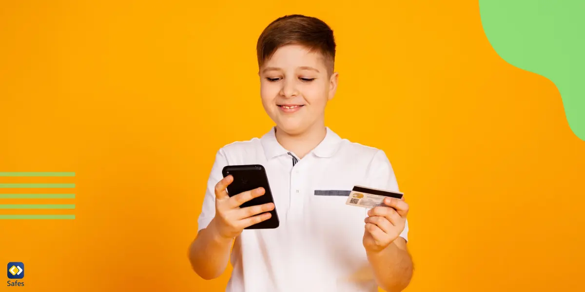 a boy purchasing in-app features and entering information of a credit card