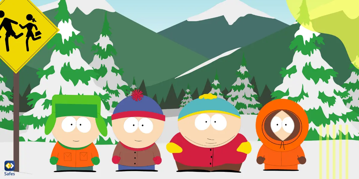 vier Charaktere aus South Park stehen nebeneinander