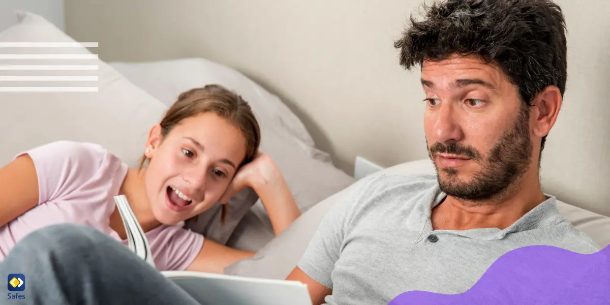 A concerned father and daughter looking at a tablet together, highlighting parents' worries about their children's online activities and screen time.