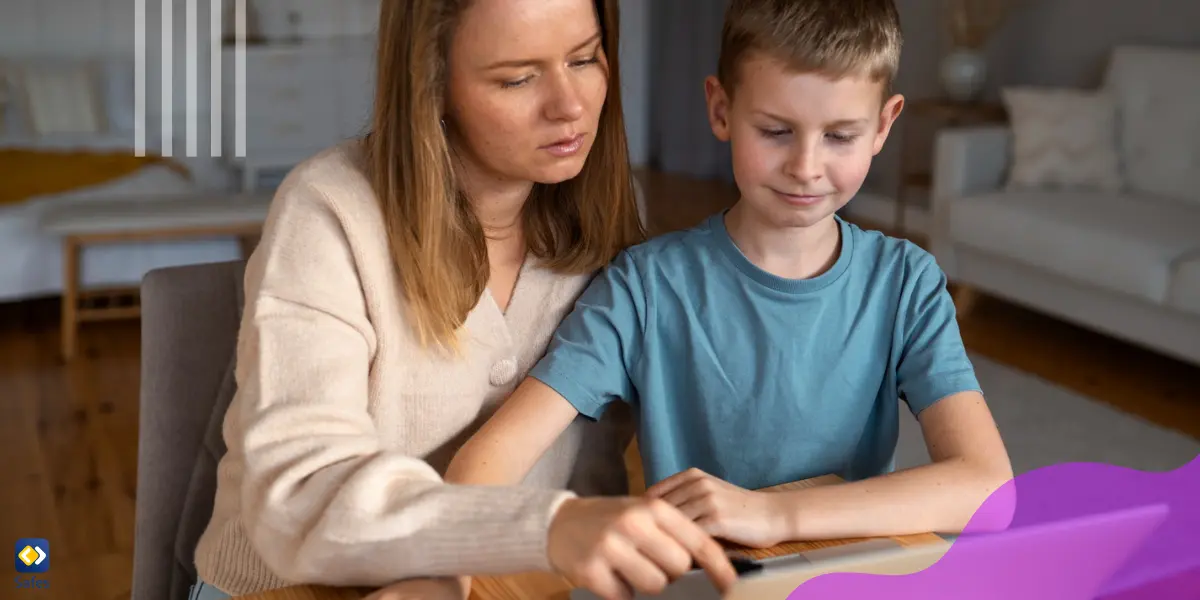 a mother is teaching her young son how to work with the Internet safely.