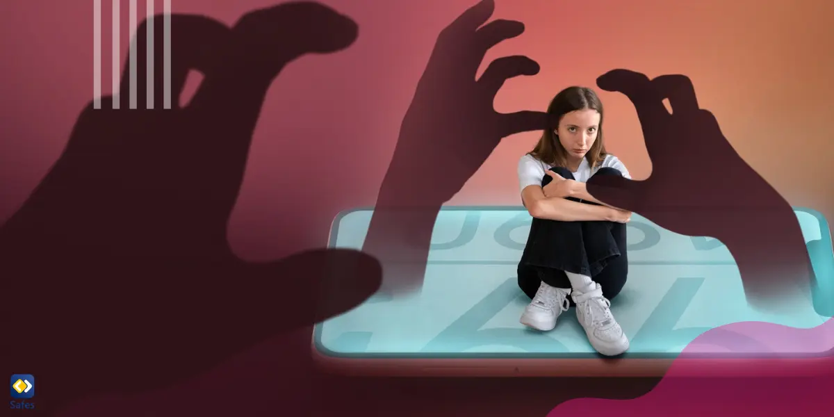 a girl sitting on a phone screen while giant hands are coming out of the screen trying to grab her