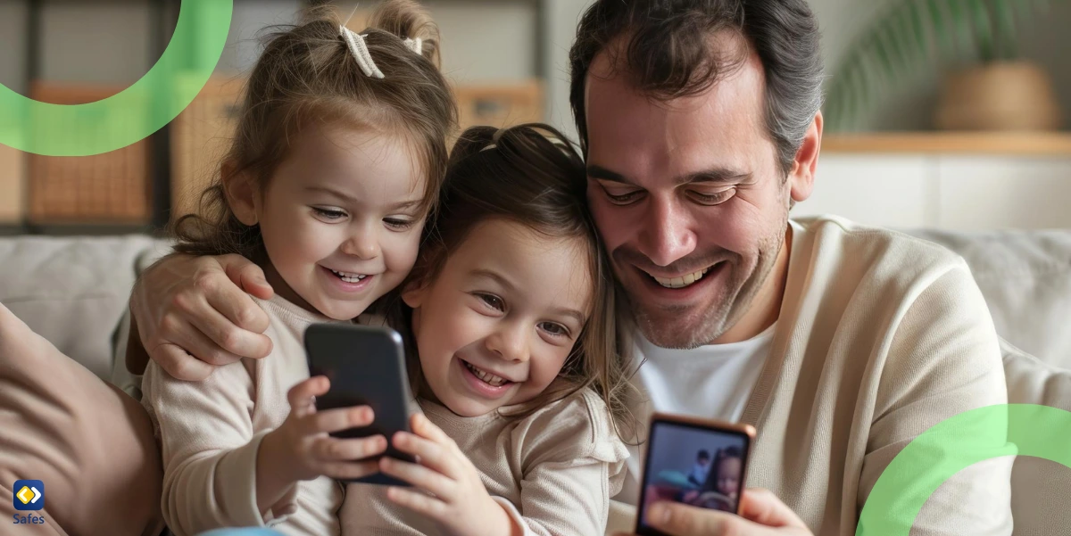 Father and daughters using phone together at home