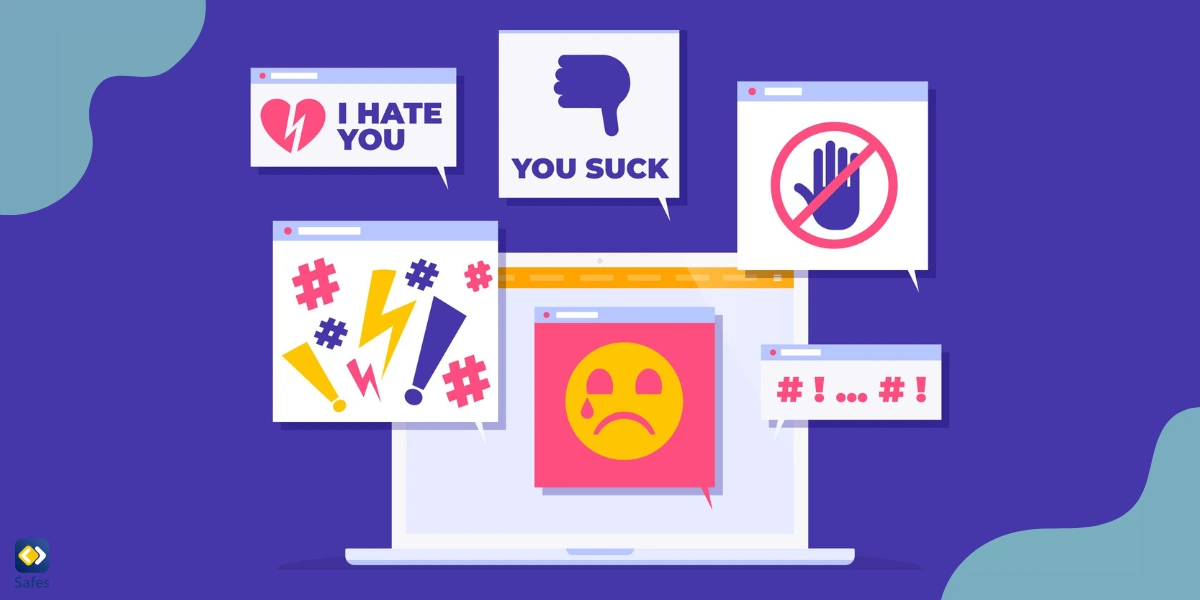 several signs and icons of cyberbullying are coming out of a laptop screen