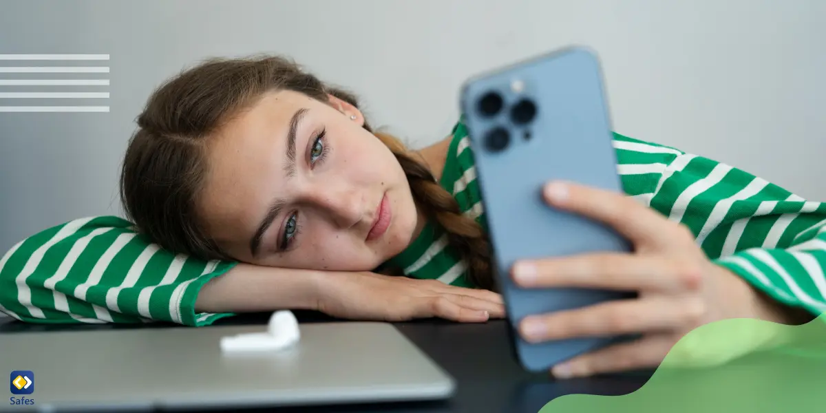 a girl holding a smartphone and chatting with an online groomer