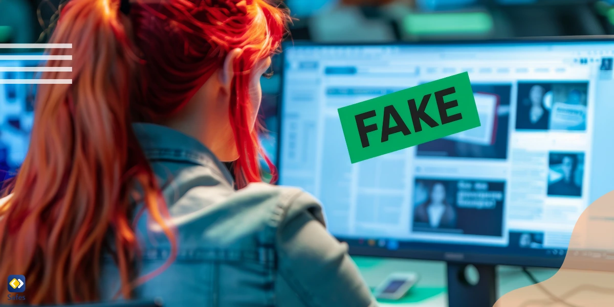 Teenage girl browsing a website that bears the label “Fake” on her computer