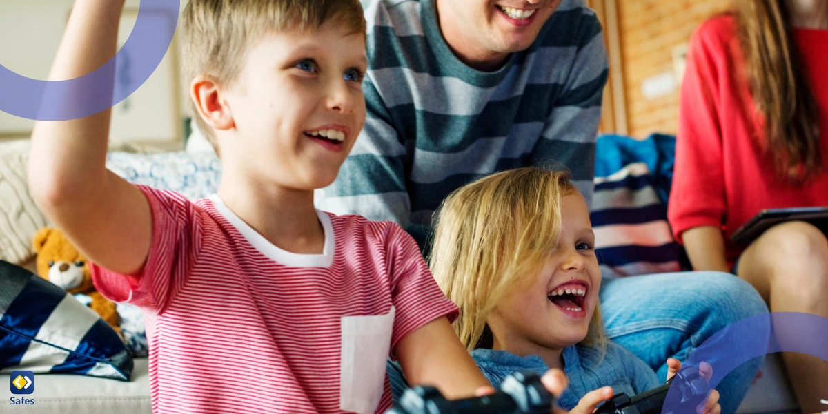 Parents playing PS5 with their children as a family activity