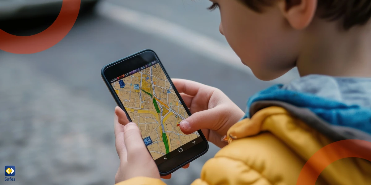 a young boy is finding a location on maps through his phone