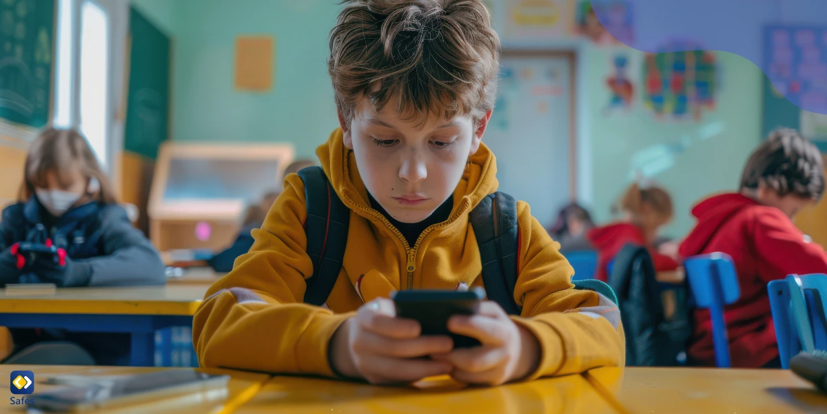 Child using a smartphone at school for education