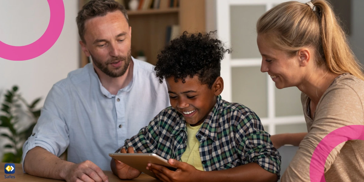 Happy parents talking to their child about the dangers of social media and responsible posting.