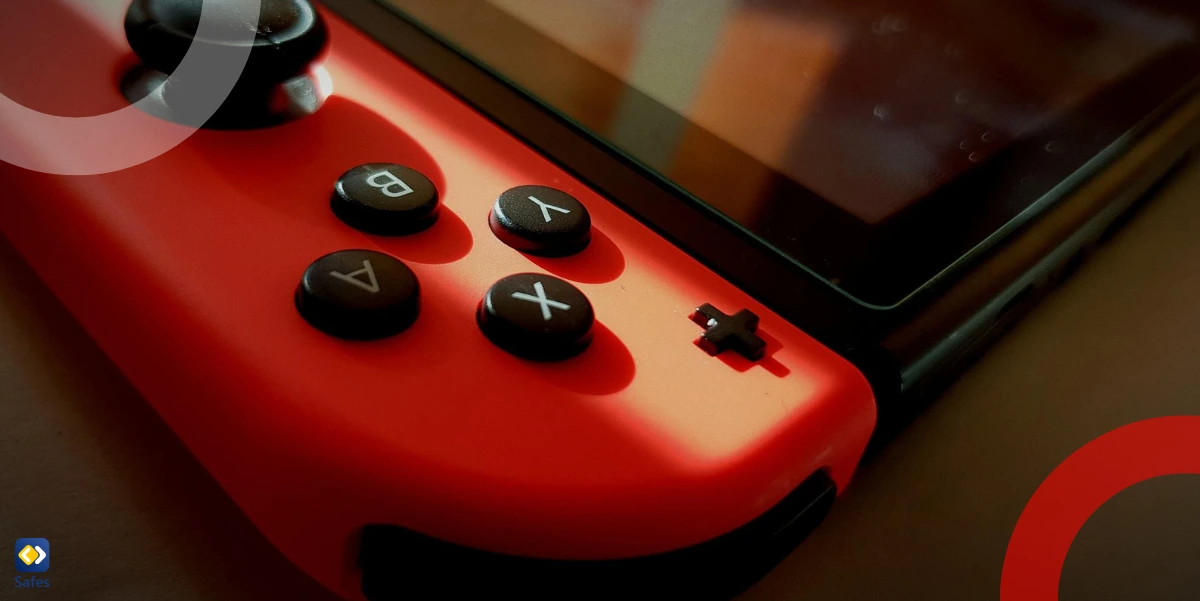 Nahaufnahme einer Nintendo Switch auf einem Holztisch