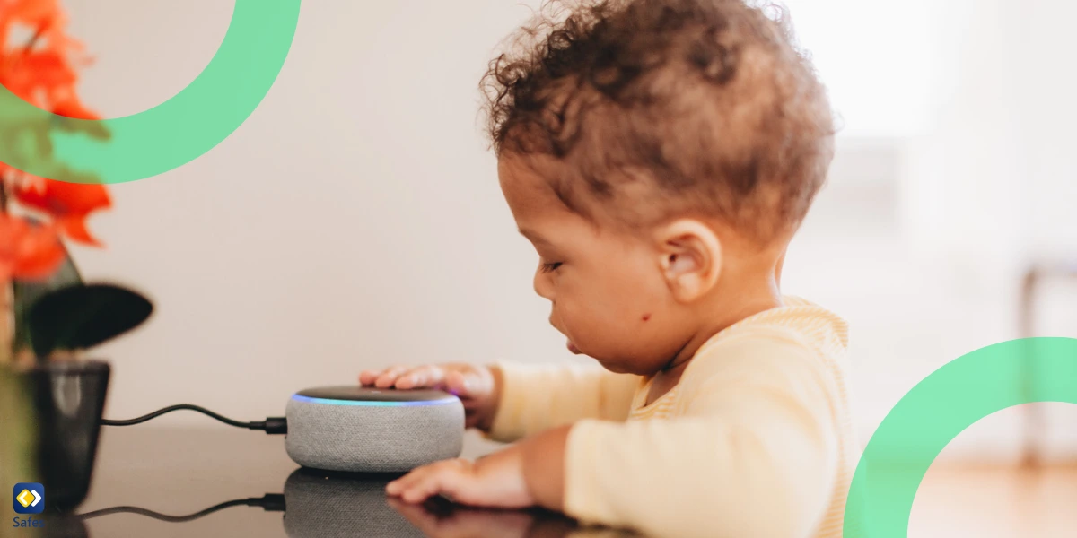 Small child touching smart speaker