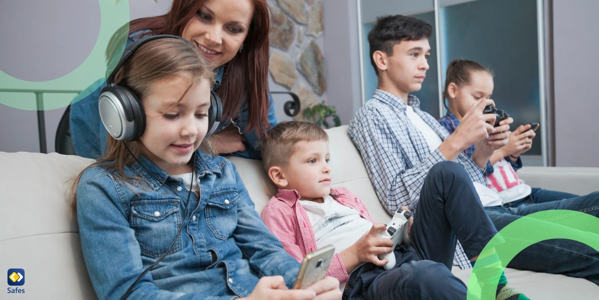 a woman looking at children playing video games