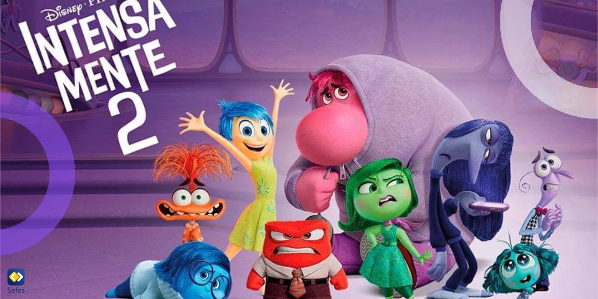 all characters of Inside Out 2 are standing next to each other at the table, showing different emotions