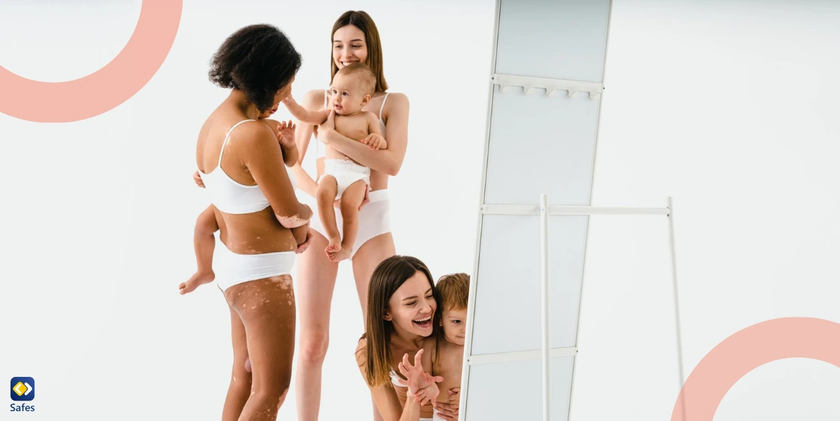 three moms in underwear with their babies standing against a white background