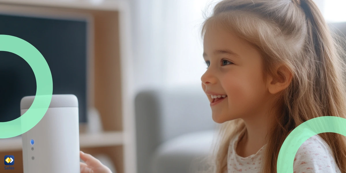 A girl interacting with Alexa in a cozy living room.