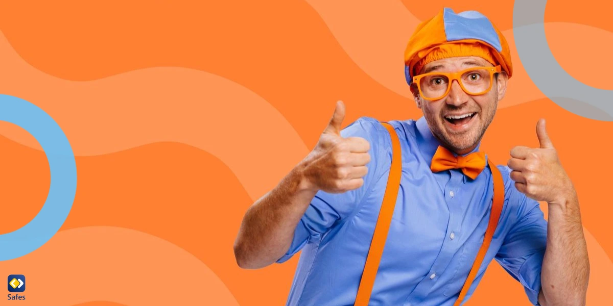 a picture of Blippi’s character showing thumbs up on an orange background.