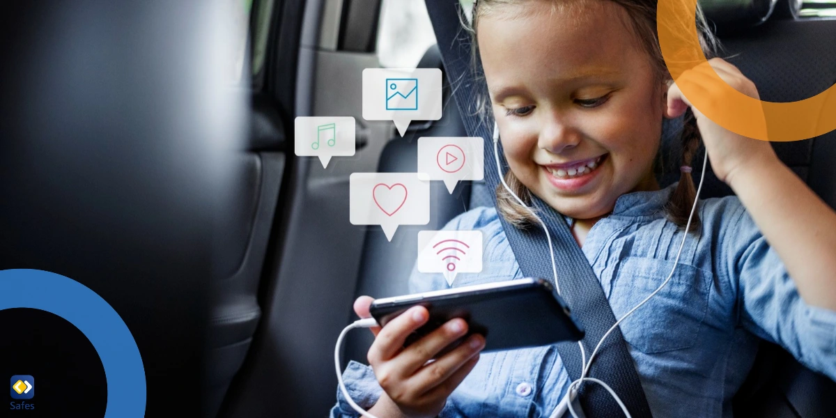 A young girl in the backseat of a car, smiling while watching something on her smartphone with earphones in, surrounded by digital icons.