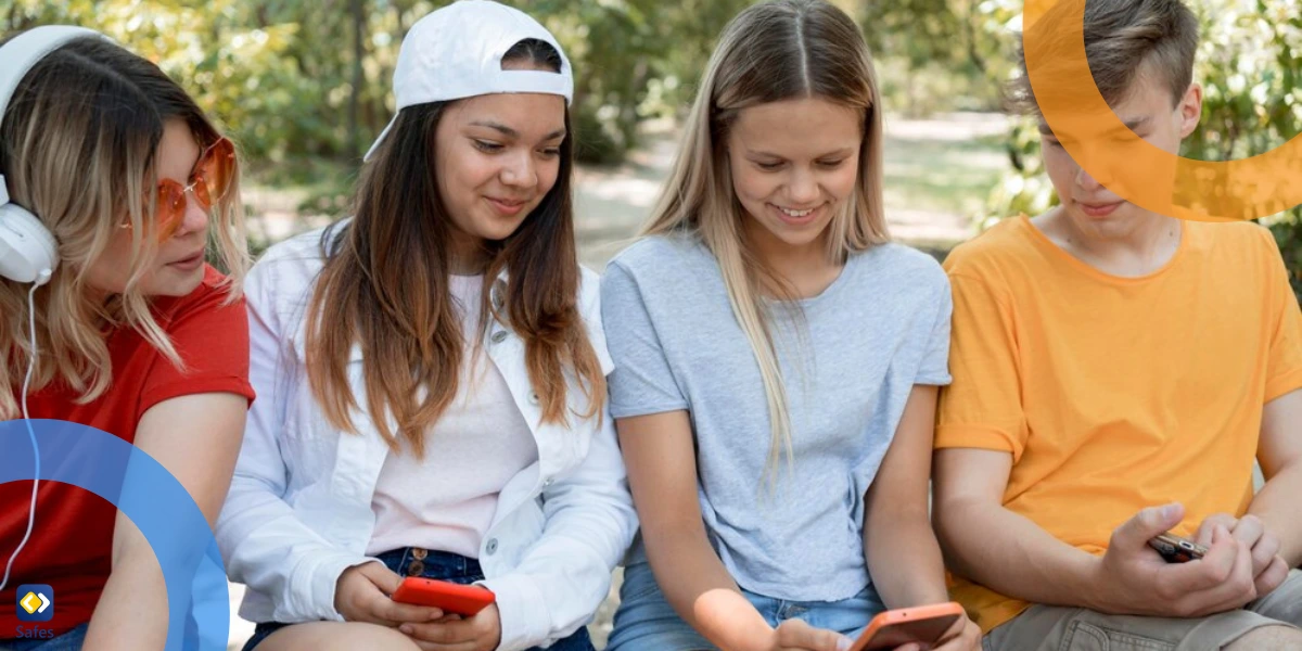 a group of teen friends who are looking at phones and interacting in the online world.