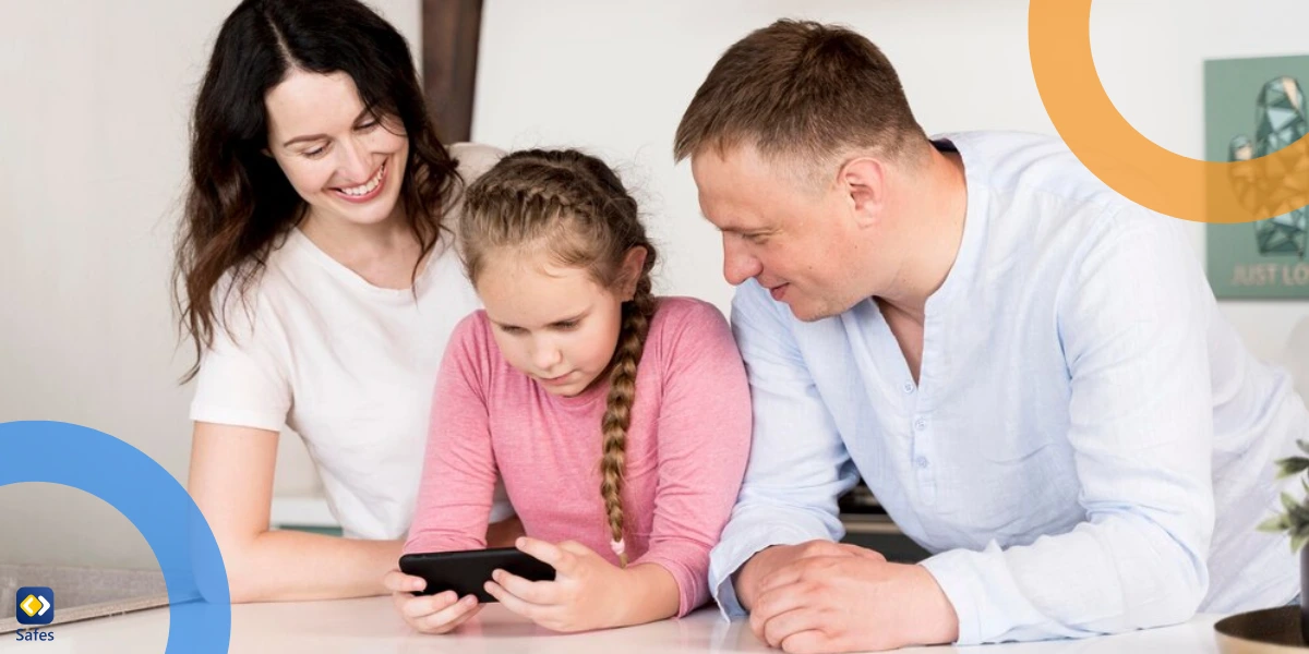 parents happily watching over child who is using her phone